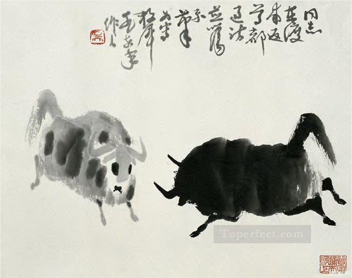 Wu zuoren fighting cattle traditional China Oil Paintings